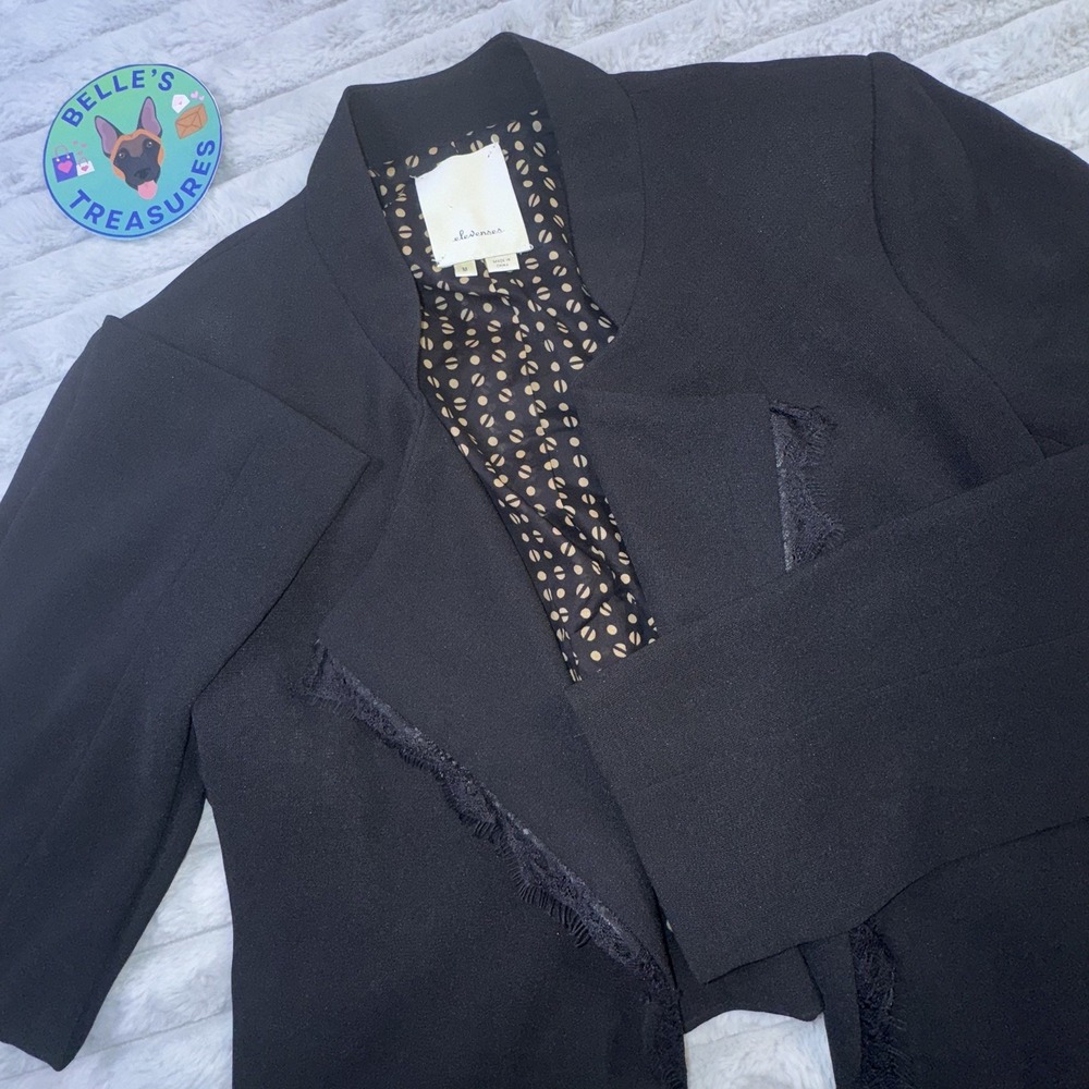 Elevenses Anthropologie Med Black Dimmet Drape Eyelash Lace Trim Blazer Jacket